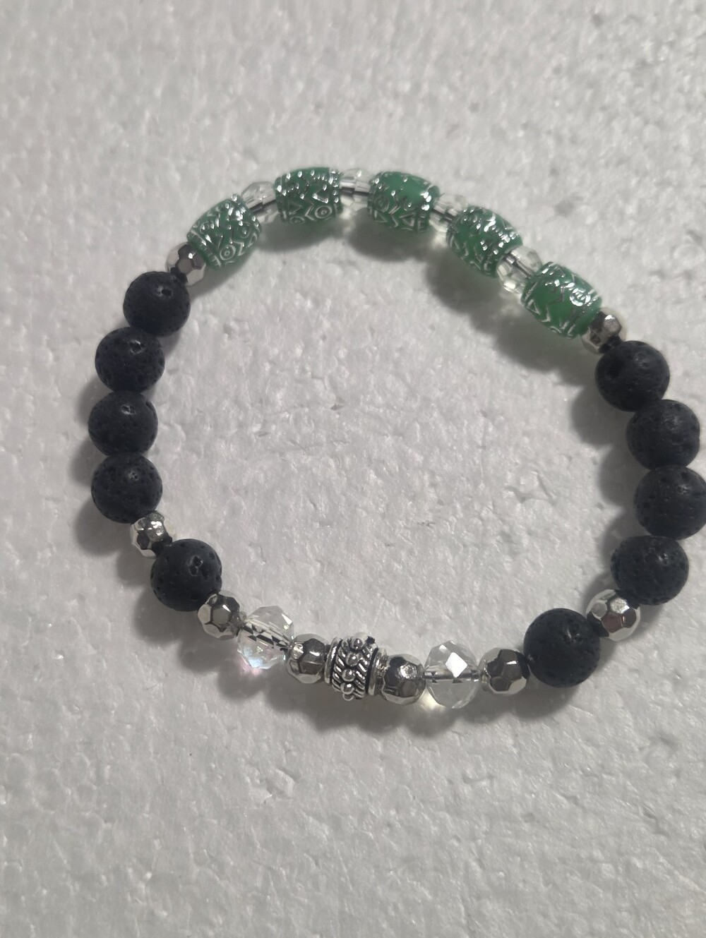 Handcrafted Black Lava and Green Plastic Bead Stretch Bracelet - Unbranded